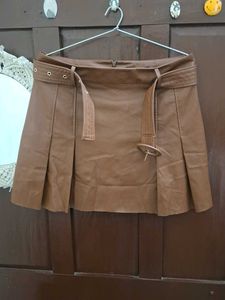 Brown Faux Leather Skirt with Belt