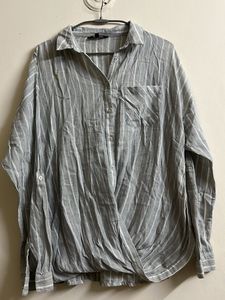 Grey Striped Wrap Front Shirt