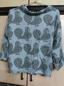 Light Blue Bird Print Button-Up Shirt