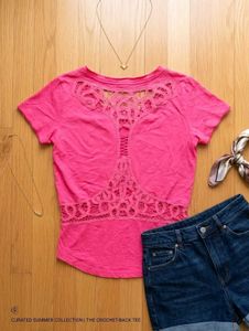 Hot Pink V-Neck Lace Back T-Shirt