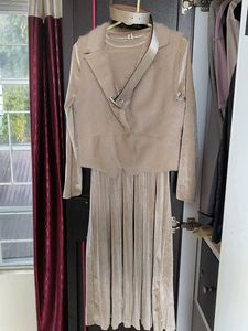 Elegant Beige velvet Dress & fur jacket Set