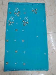 Turquoise Saree with Floral Embellishments