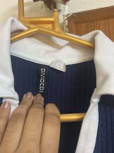 Navy Ribbed Polo Collar Midi Dress