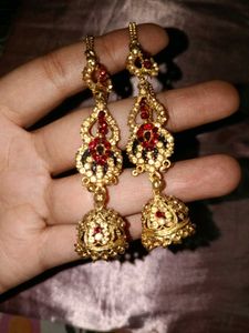 Exquisite Gold & Red Stone Jhumka Earrings