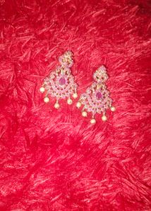 Elegant Pink Stone & Pearl Dangle Earrings