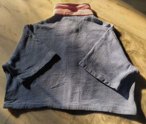 Blue Textured Crop Top with Pink Collar