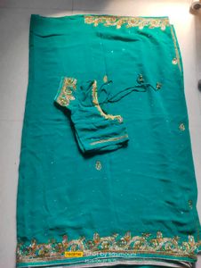 Sea Green Heavy Stone Work Saree , Stiched Blouse