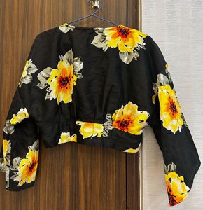 Chic Black Floral Print Blouse (Size : M)