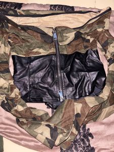 Camo & Faux Leather Cropped Jacket