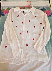 Cute White Heart Embroidery Button-Up Shirt