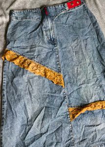 I. Denim Midi Skirt with Lace Detail
