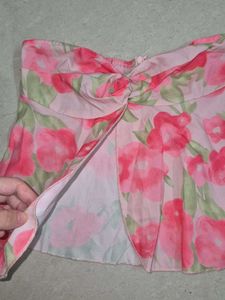 Pink Floral Twist Front Strapless Top