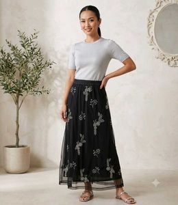Sequined embellished tiered Black Maxi Skirt