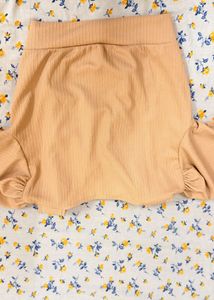 Cute Beige Ribbed Top/Blouse with Tie Collar