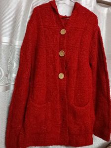 Red hooded cardigan