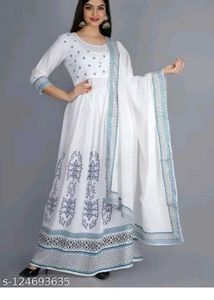 White Printed Anarkali Kurta with dupatta
