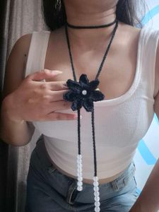 Crocheted Flower Bolo Necklace