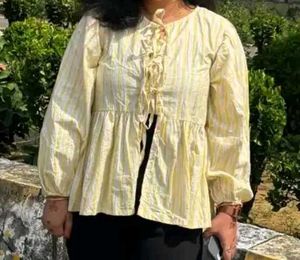 Chic Yellow Striped Tie-Neck Top