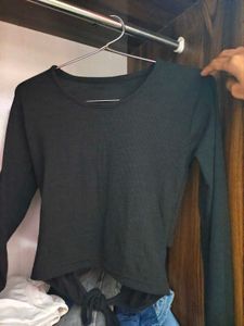 Black Long Sleeve tie Crop Top