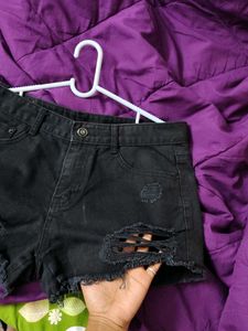 Distressed Black Denim Shorts