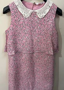 Pink Leaf Print Dress with Lace Collar