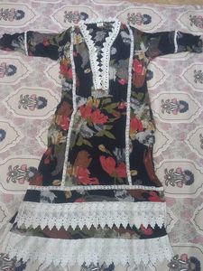 Floral Print Kurta with Lace Trim