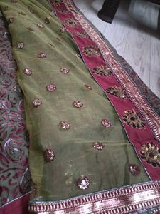 Designer olive green &amp; marron sequins saree
