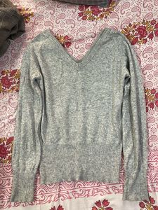 Grey V-Neck Knit Sweater