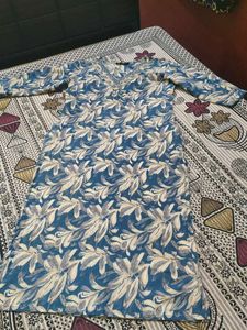 Blue Floral Print Kurta with Embellished Neckline