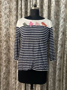 Striped Top with Floral Embroidery