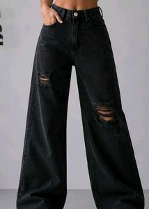 Women's Black Ripped Wide Leg Stretchable Jeans wi