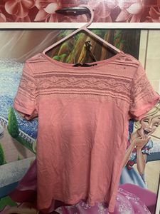 Pink Lace Panel T-Shirt