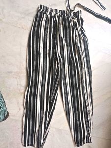 Striped Casual Trousers with Tie Belt