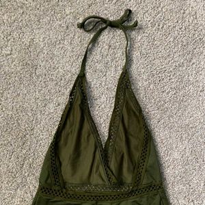 Olive Green One-Piece Swimsuit with Lace Trim