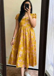 Yellow Floral Tiered Midi Dress