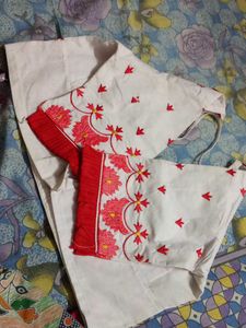Embroidered White &amp; Red Kurti