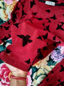 Red Butterfly printed bell Sleeves sheer Top