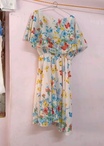 White Georgette Dress With Colourful Butterflies