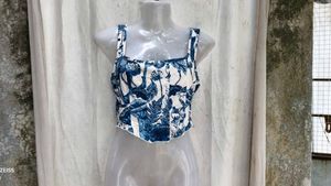 I. Blue &amp; White Botanical Print Crop Top