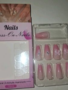 Press-On Nails - Pink Ombre with Gems &amp; Flowers