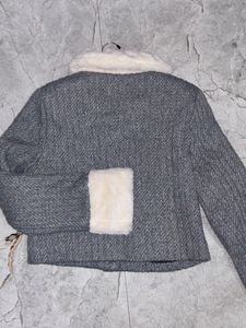 Fur collar cuff woolen cropped sweater