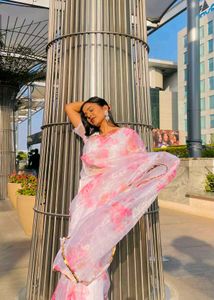 Pink & White Floral Organza Saree 💕