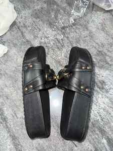 Black Slide Sandals with Gold Buckle