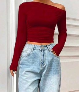 Burgundy One-Shoulder Long Sleeve Top