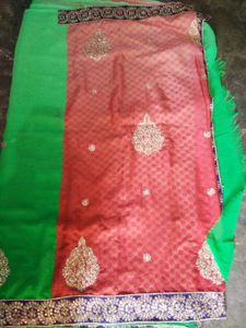 Embroidered Green and Red Saree
