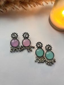 Peacock Design Earrings - Pink &amp; Teal