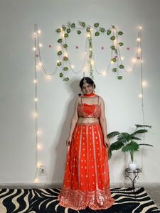Vibrant Orange Sequin Lehenga Choli(semi stitched)