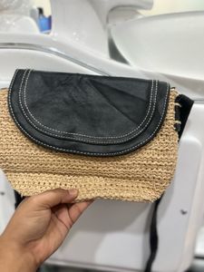 Straw & Faux Leather Crossbody Bag