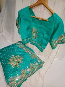 Teal Embellished Saree with Blouse