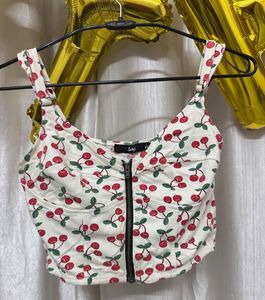 Smiffys Cherry Print Zip Corset Crop Top